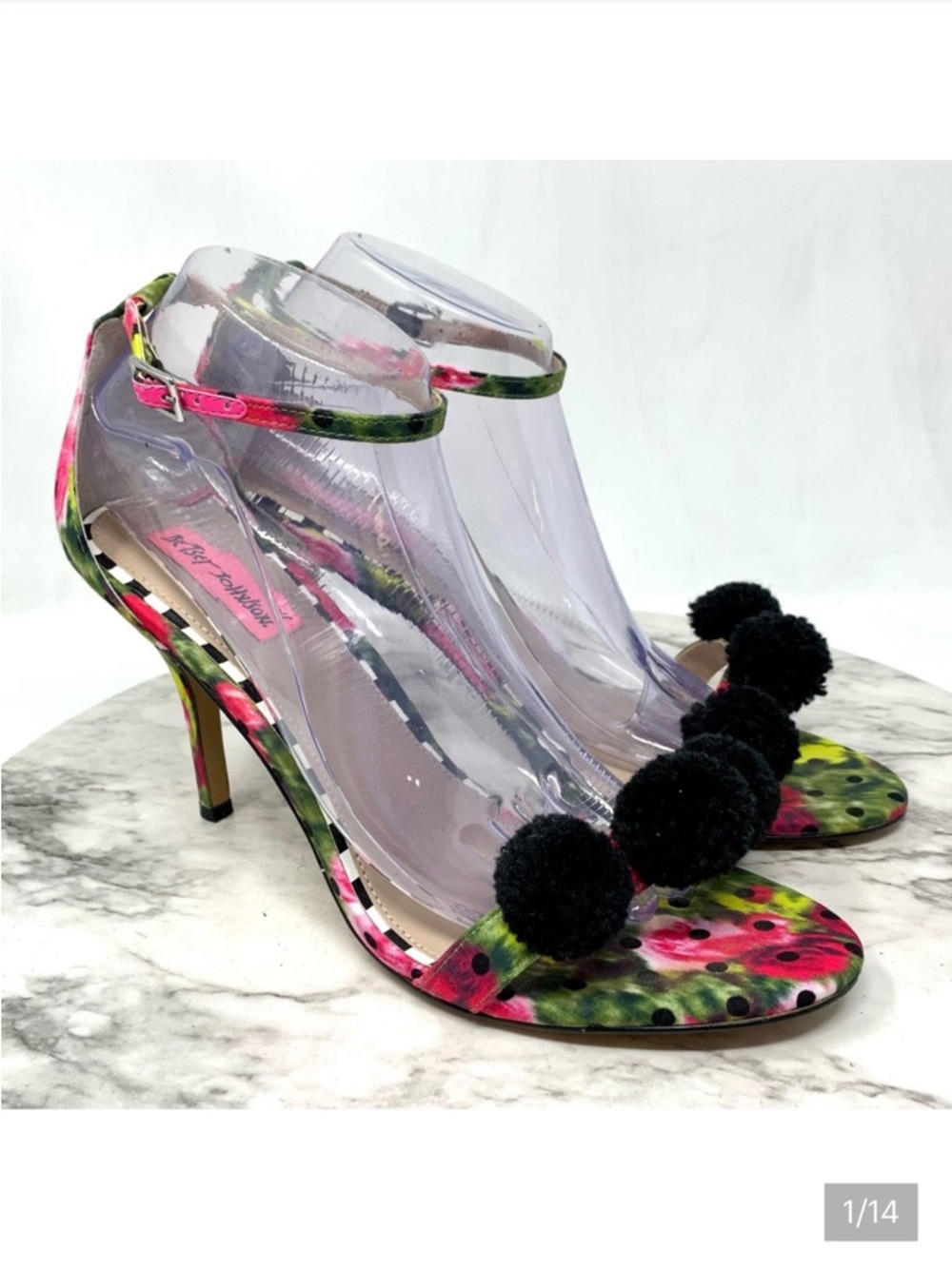 Betsey Johnson Lylly Floral Polka Dot Pom-Pom Two-Piece Sandals 10 Playful Retro